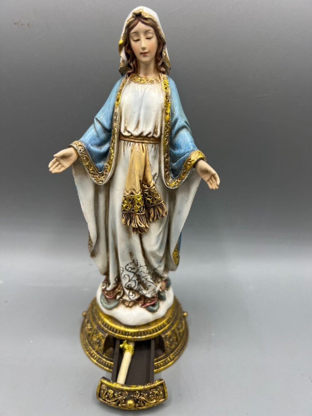 Virgin Mary Lady of Grace Figurine Prayer Scroll Hidden Drawer 8" Blue & Gold